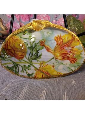 DECOUPAGE CLAM SHELL DECOUPAGE FLOWERS TRINKET DISH